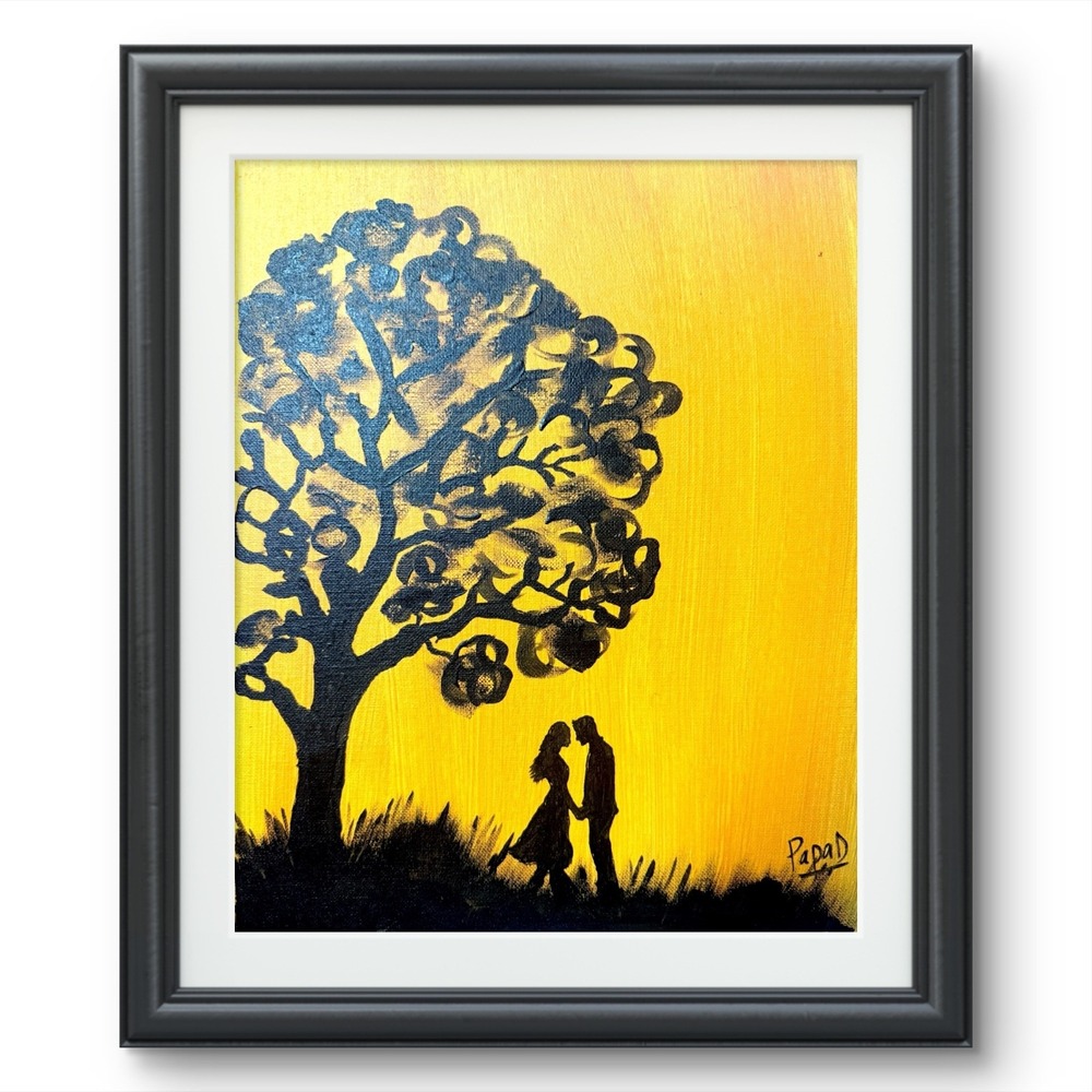 Papa Diouf Painting Romantic Couple Silhouette Love Art Yellow 11x14 New